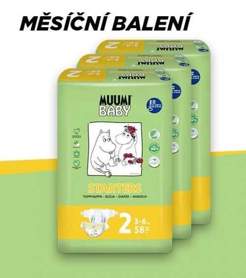 Muumi Baby Mini 3-6 kg, vel.2, měsíční balení eko plen, 3x58 ks