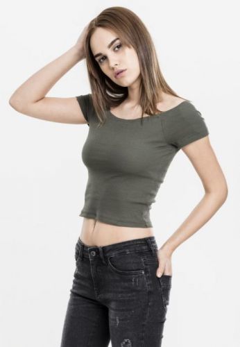 Ladies Off Shoulder Rib Tee - olive L