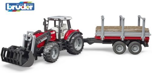 Bruder 2046 Massey Ferguson 7480 s čelním nakladačem a přepravníkem klád