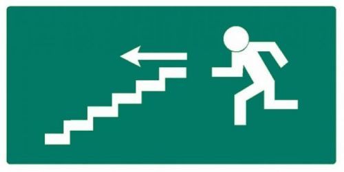 Únikový východ vlevo po schodech dolů - plastová tabulka 210×123 mm