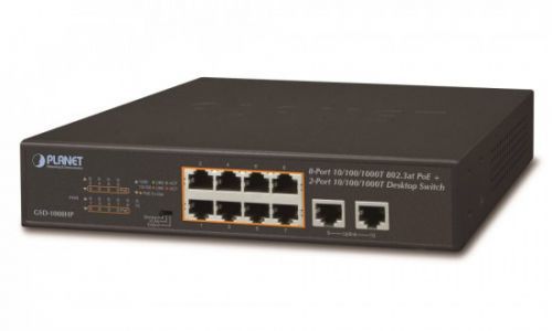 Planet GSD-1008HP, PoE switch 8x PoE 802.3at 120W+ 2x 1000Base-T,VLAN,extend mód 10Mb/s do 250m, fanless, GSD-1008HP