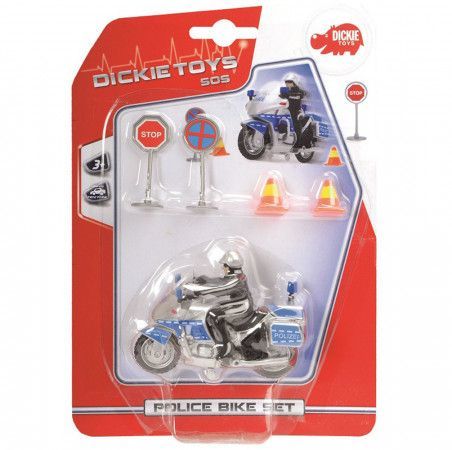 Dickie Motocykl policie 10cm set řidič + 2 dopravní značky na kartě