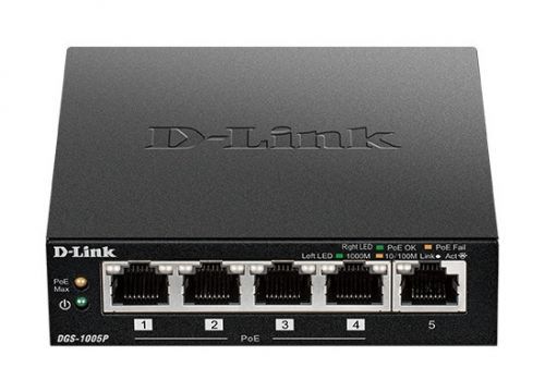 D-Link 5-Port 10/100/1000Mbps Gigabit PoE+ Switch, 60W power budget, DGS-1005P/E