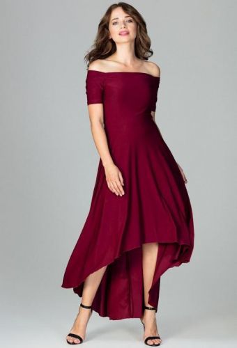 LENITIF Společenské šaty odhalující ramena K485 Deep Red velikost: S