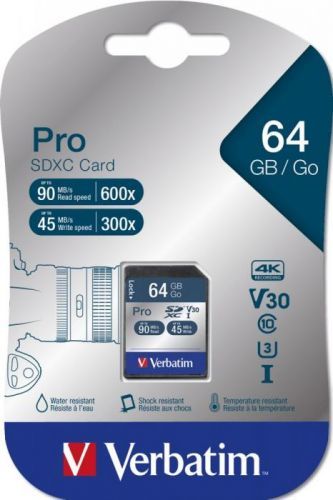 SDXC 64GB paměťová karta PRO UHS-I (U3) (90MB/s), Class 10 Verbatim