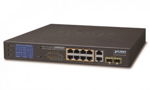 PLANET FGSD-1022VHP PoE switch, 8x100, 2x1000-TP/SFP, LCD, VLAN, extend mód 10Mb do 250m, IEEE 802.3at