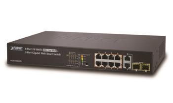 Planet Switch, 8x100, 2x1000-TP/SFP, Web/SNMP, STP/RSTP, ext 10Mb/s,IEEE 802.3at 125W