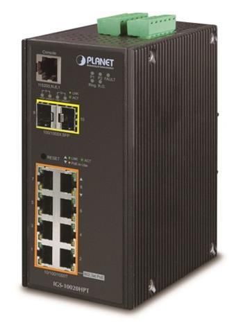 Planet Switch, 8x 1000Base-T PoE+ (218W), 2x SFP, IP30, -40 +75°C, WEB/SNMPv3, VLAN, ESD+EFT, 12-48VDC