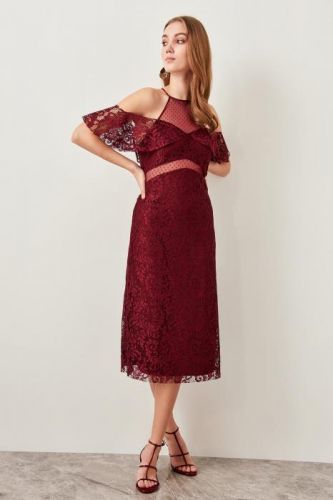 Trendyol Burgundy Polka-Dot Tulle Detailed Lace Dress