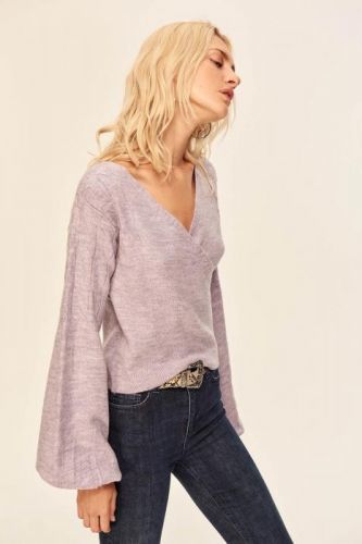 Trendyol Lila Double-breasted Handle Braided Knitted Sweater