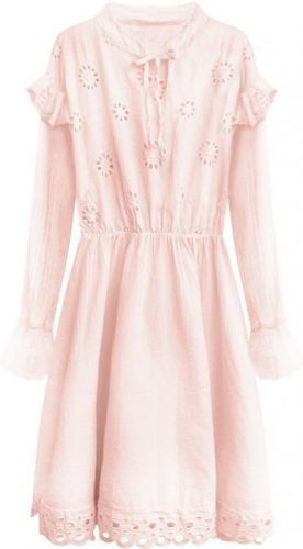 Bavlněné dámské šaty v pudrově růžové barvě s výšivkou (303ART) - ONE SIZE - růžová