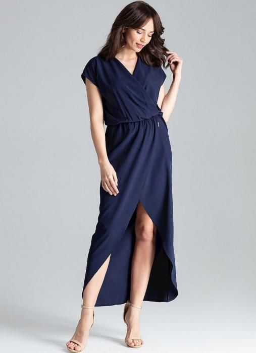 LENITIF Dlouhé modré šaty s rozparkem L033 Velikost: XL