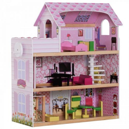 Dřevěný 3 patrový domeček pro panenky s nábytkem GOLETO KIDS
