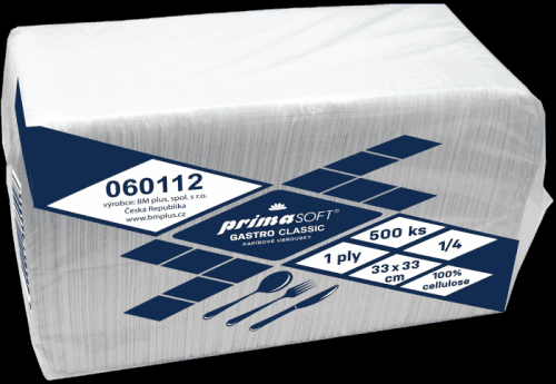 Ubrousky PrimaSoft gastro classic 500 ks, 33x33, 1-vrstvý, bílý, 100% celulóza 0,9 kg/balení