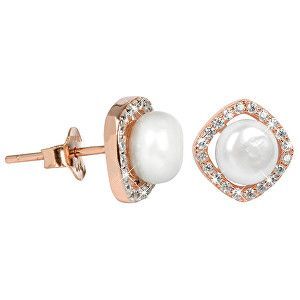 JwL Luxury Pearls Stříbrné rosegold náušnice s pravou bílou perlou a krystaly JL0252