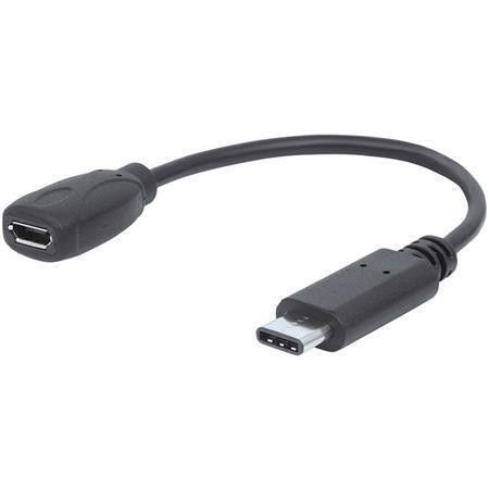 Manhattan kabel, USB-C samec --> micro-B samice, 15 cm, černý, USB 2.0