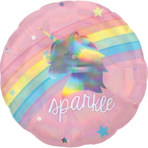 BALÓNEK fóliový duhový Sparkle s jednorožcem kulatý