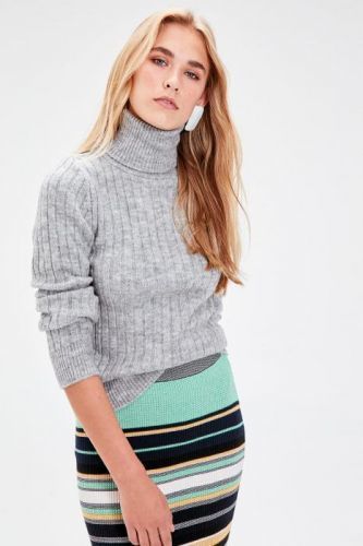 Trendyol Grey-Throated Fitilli Knitwear Sweater