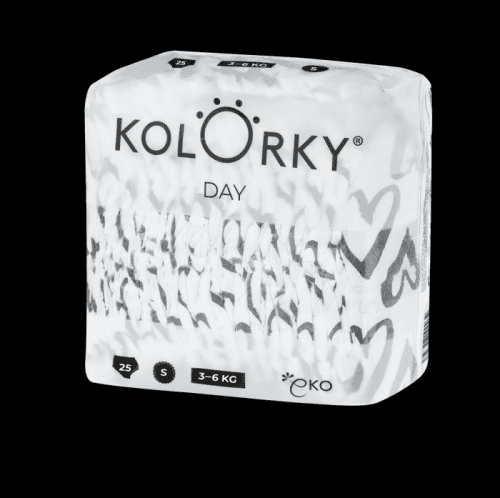 KOLORKY DAY - srdce - S (3-6 kg) - 200 ks MĚSÍČNÍ ZÁSOBA - jednorázové eko plenky