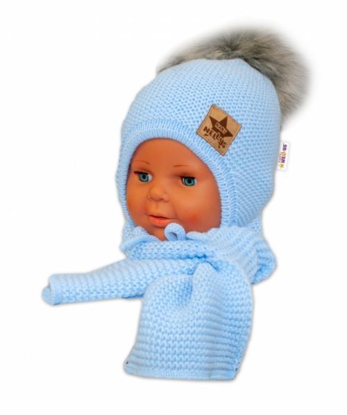 Baby Nellys BABY NELLYS Zimní čepička s šálou - chlupáčková bambulka - sv. modrá/šedá 12/24měsíců