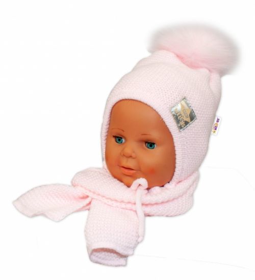 Baby Nellys BABY NELLYS Zimní čepička s šálou - chlupáčková bambulka - sv. růžová/sv. růžová 12/24měsíců