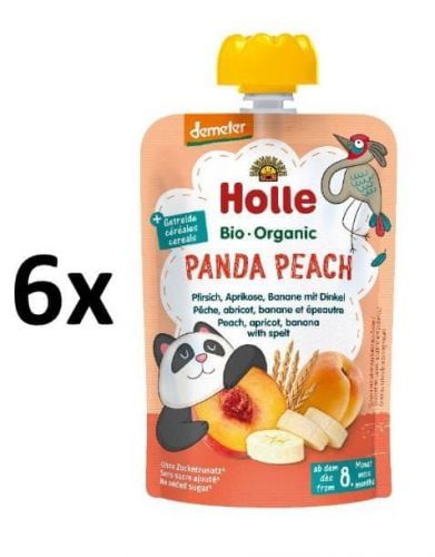 Holle Bio Panda Peach 100% ovocné pyré broskev, meruňka, banán a špalda - 6 x 100g