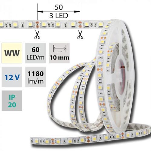 LED pásek SMD5050 teple bílá 10mm IP20 McLED 60 LED/metr, 14,4W/metr, DC 12 V, IP20