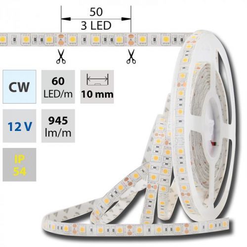 LED pásek SMD5050 studená bílá 10mm IP54 McLED 60 LED/metr, 14,4W/metr, DC 12 V, IP54