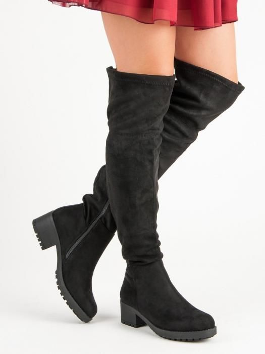 Jedinečné dámské  kozačky černé na širokém podpatku