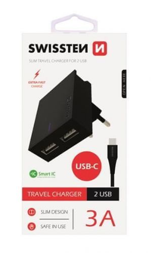 SWISSTEN Síťový adaptér smart IC, CE 2x USB 3 A power černý + datový kabel USB, 22044000