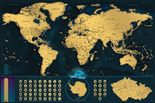 Stírací mapa Světa Česká verze – zlatá Deluxe XL