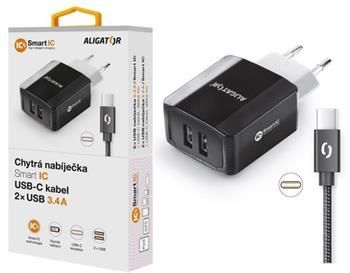 Nabíječka ALIGATOR USB-C 2xUSB výstup, 3.4A, smart IC, černá