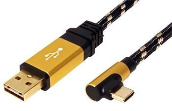 Roline GOLD USB 2.0 kabel, oboustranný USB A(M) - USB C(M) lomený (90°), 1,8m