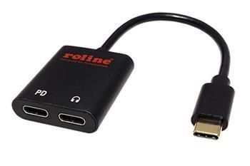 Roline Adapter USB C(M) - USB C(F) pro sluchátka a mikrofon + USB C(F) PD, 0,13 m