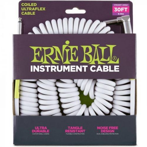 Ernie Ball 6045 30' Coiled Straight/Angle Instrument Cable White
