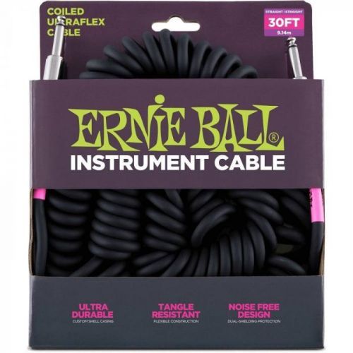 Ernie Ball 6044 30' Coiled Straight/Straight Instrument Cable Black