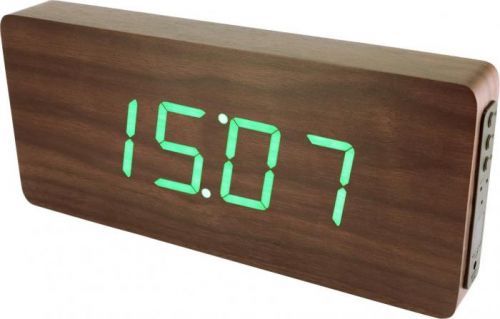 Dřevěný digitální budík se zelenými LED diodami, datem a teploměrem k postavení na stůl nebo pověšení na zeď. Napájecí adaptér je součástí balení..068 00. GREEN LED - bílá