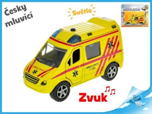 Auto ambulance 11cm kov zpětný chod na baterie česky mluvící se světlem v krabičce