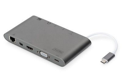 DIGITUS Univerzální dokovací stanice, USB-C, 11 portů, šedá 3x video, 1x USB-C, 3x USB3.0, RJ45, 2x čtečka karet, DA-70875