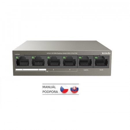 Tenda TEF1106P-4-63W PoE AT switch 4x PoE 802.3af/at, 6x 100Mb/s, PoE celkem 63W, fanless, TEF1106P-4-63W