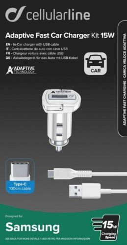 Set Cellularline autonabíječky a USB-C kabelu, adaptivní nabíjení, 15W, bílá