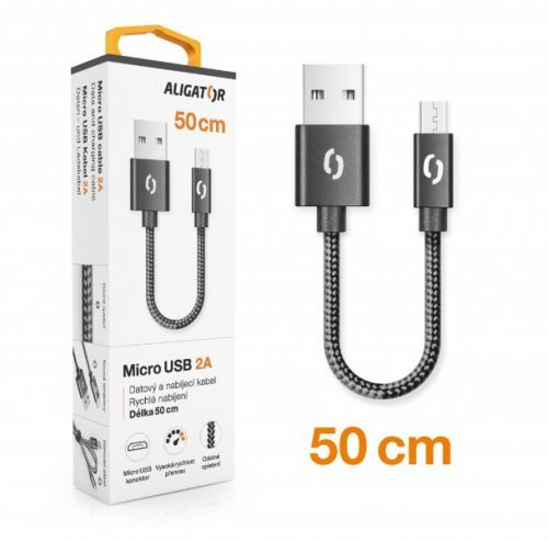 Datový kabel ALIGATOR PREMIUM 2A, MicroUSB 50cm, černá