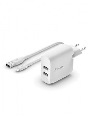 Belkin Duální USB-A domácí nabíječka 24W, lightning kabel, bílá, WCD001vf1MWH