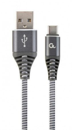 Gembird Premium cotton braided Type-C USB charging and data cable,2m,grey/white