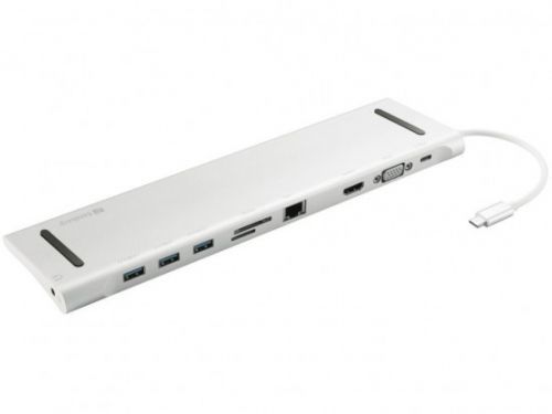 Sandberg USB-C 10v1 dokovací stanice, HDMI+3xUSB+RJ45+VGA+TF/SD+jack+USB-C(100W), stříbrný, 136-31