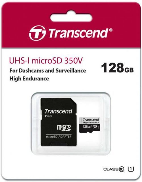 Transcend 128GB microSDXC 350V UHS-I U1 (Class 10) High Endurance paměťová karta, 95MB/s R, 45MB/s (TS128GUSD350V)