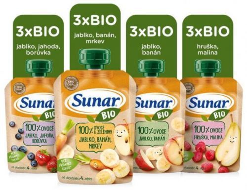 SUNAR BIO ovocná kapsička mix příchutí 4m+, 12 x 100 g