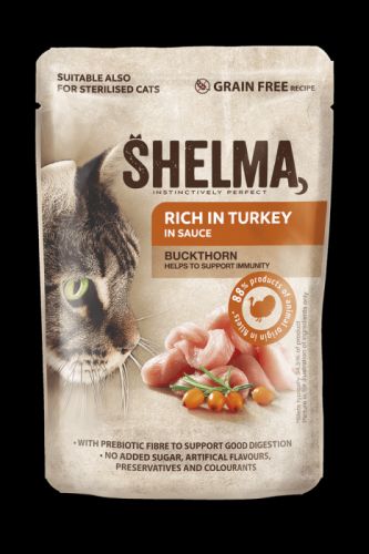 SHELMA bezobilné dušené filetky bohaté na krůtí s rakytníkem v omáčce 28x85 g