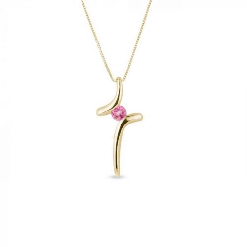 Zlatý náhrdelník s křížkem s růžovým safírem KLENOTA