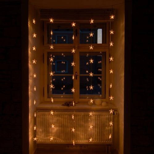 Vánoční osvětlení do okna, propojovatelné, hvězdy, 1,2x2m, teple bílá, 50 diod Čirá